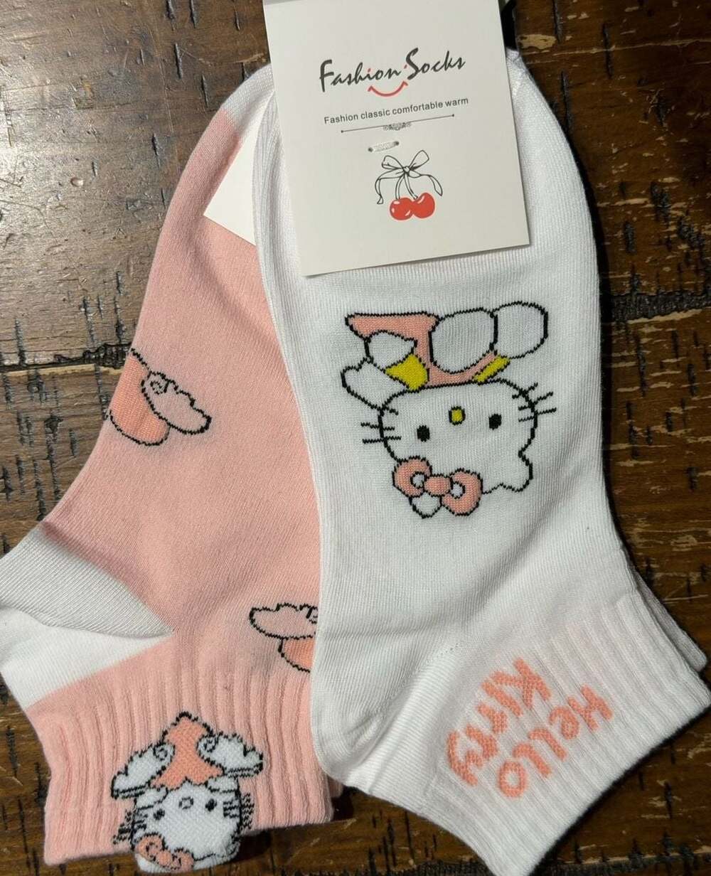 Fashion Socks Hello Kitty Ankle Socks 2-Pack Pink and White Size 36-41